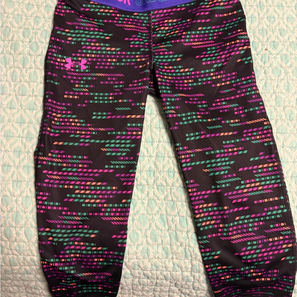 Under Armour Kids' Black Leggings with Pink and Green Pattern